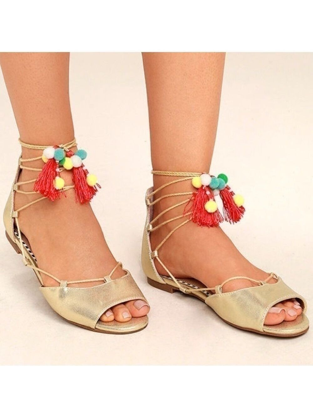 BETSEY JOHNSON 𝅺Abree Gold Lace-up Pom-Pom Sandals